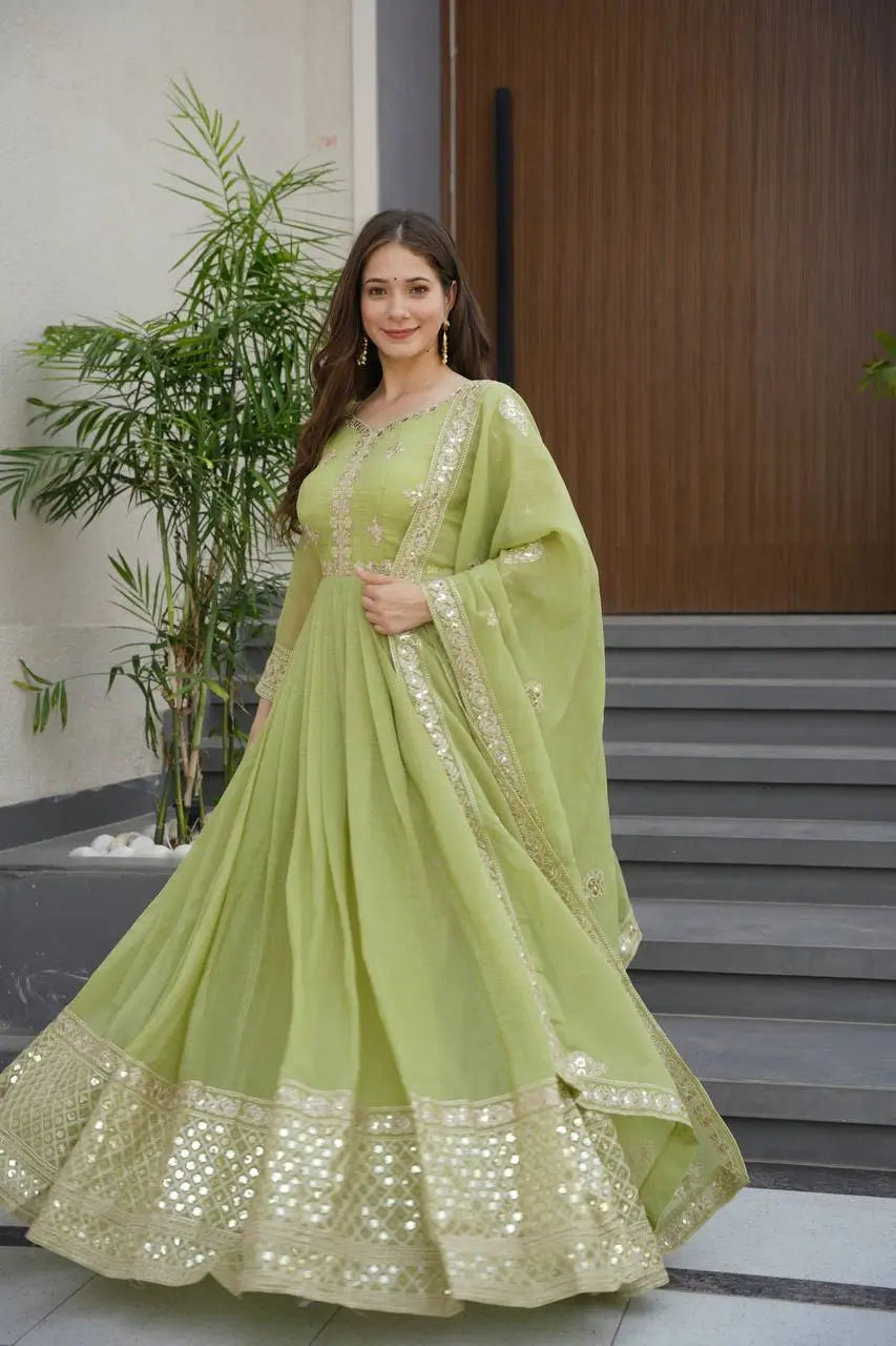 Elegant Heavy Shimmer Silk Gown with Dupatta – Embroidery Sequins Work, 3.5 Meter Flair, Fully Stitched