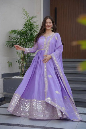 Elegant Heavy Shimmer Silk Gown with Dupatta – Embroidery Sequins Work, 3.5 Meter Flair, Fully Stitched