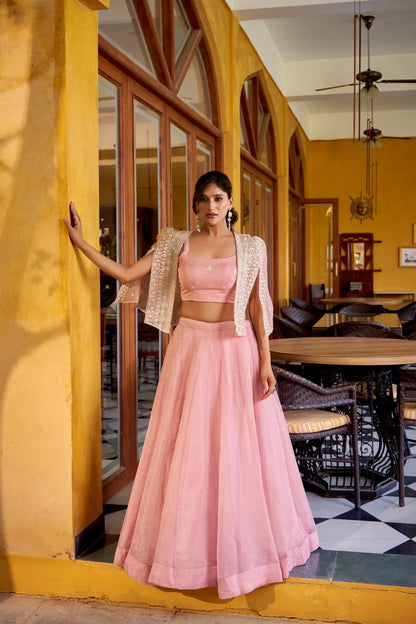 Elegant Linen Crush Lehenga Set with Embroidered Koti for Wedding and Festive Wear