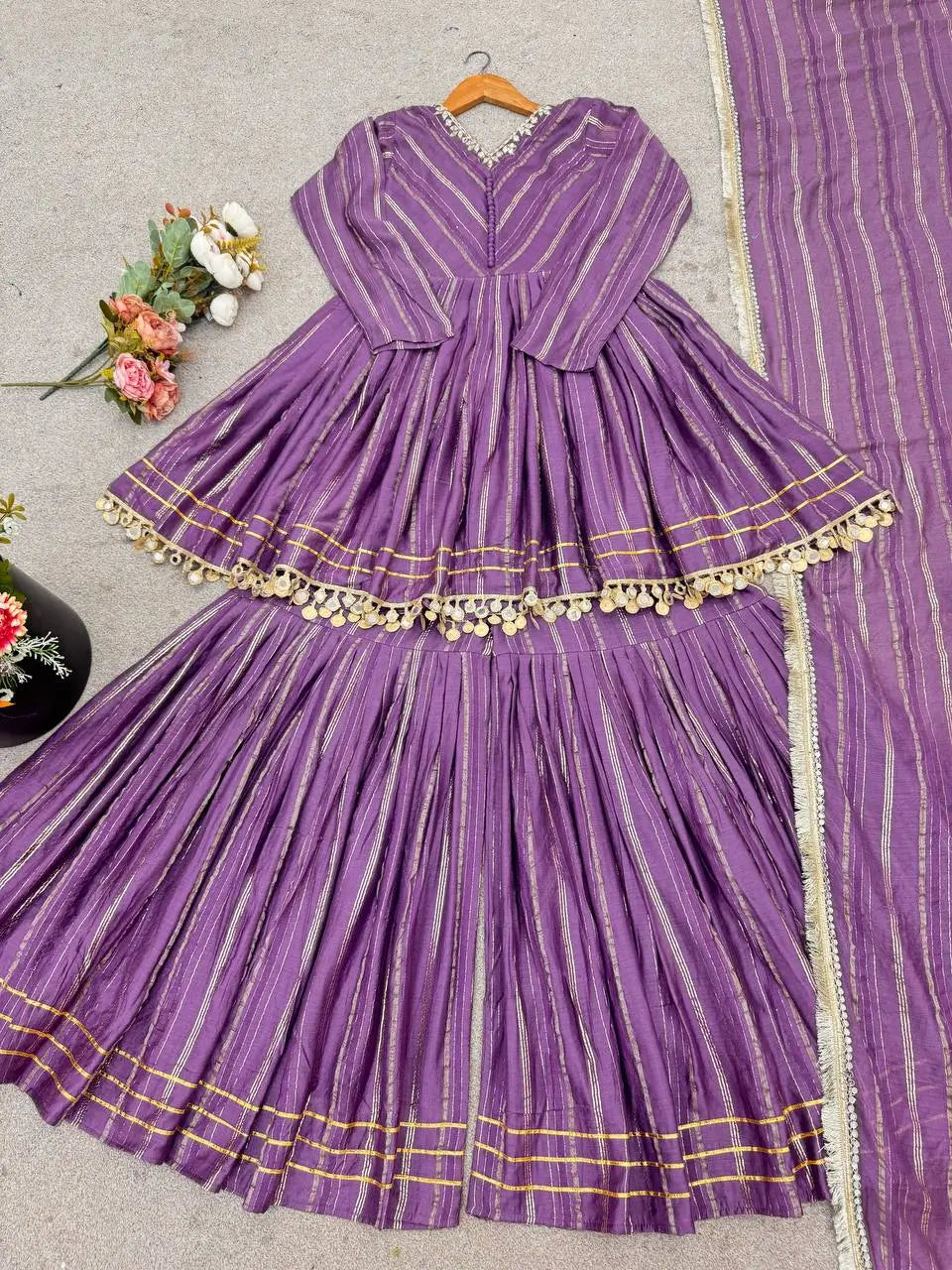 Elegant Mirror Work Mal Chanderi Sharara Set