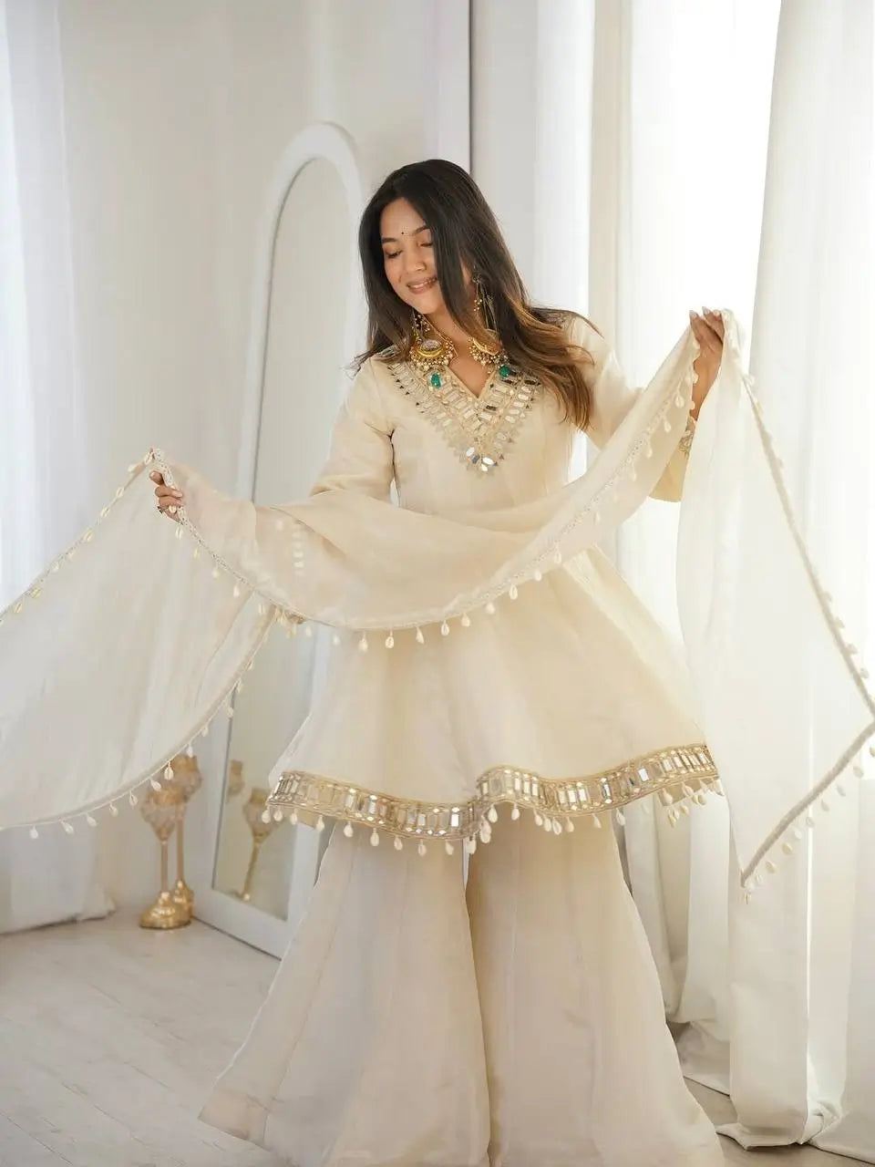 Elegant Mirror Work Organza Silk Sharara Set for Festive and Wedding Wear