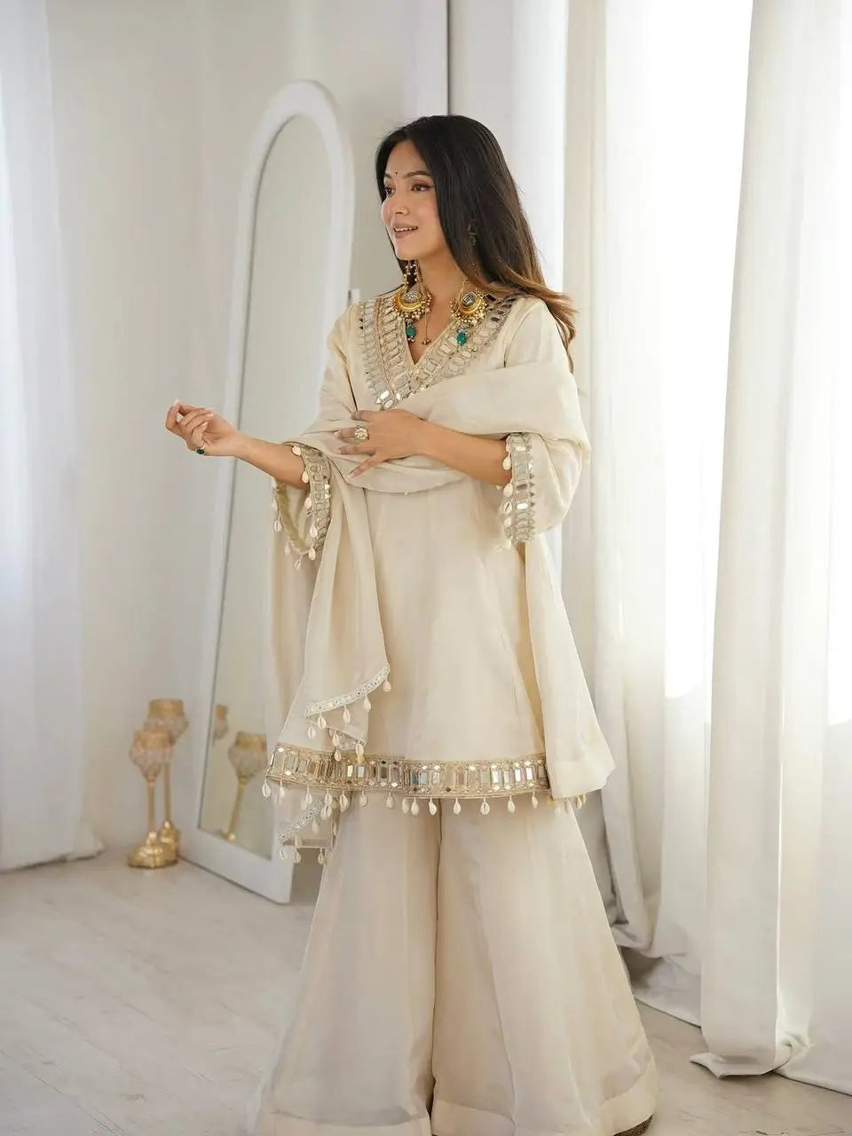 Elegant Mirror Work Organza Silk Sharara Set for Festive and Wedding Wear