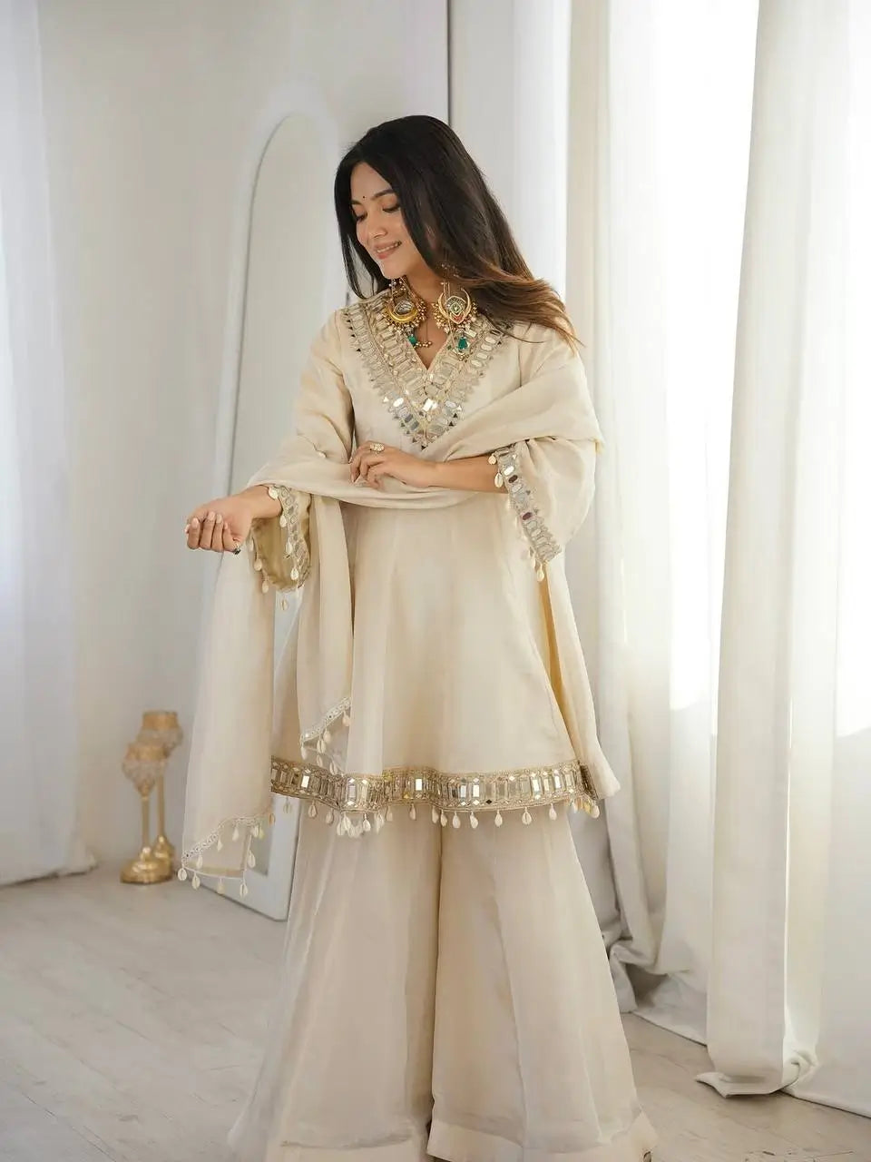 Elegant Mirror Work Organza Silk Sharara Set for Festive and Wedding Wear