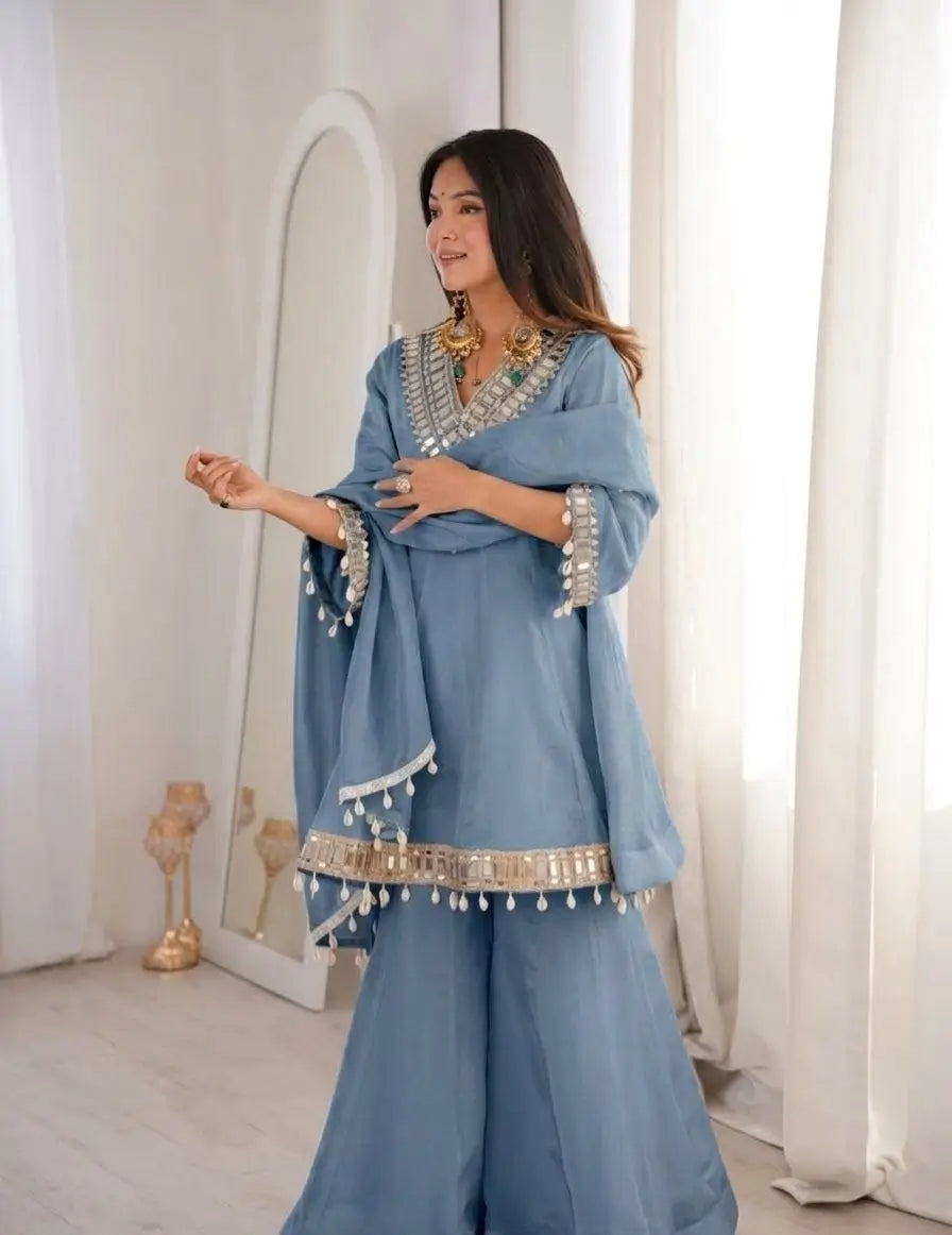 Elegant Mirror Work Organza Silk Sharara Set for Festive and Wedding Wear