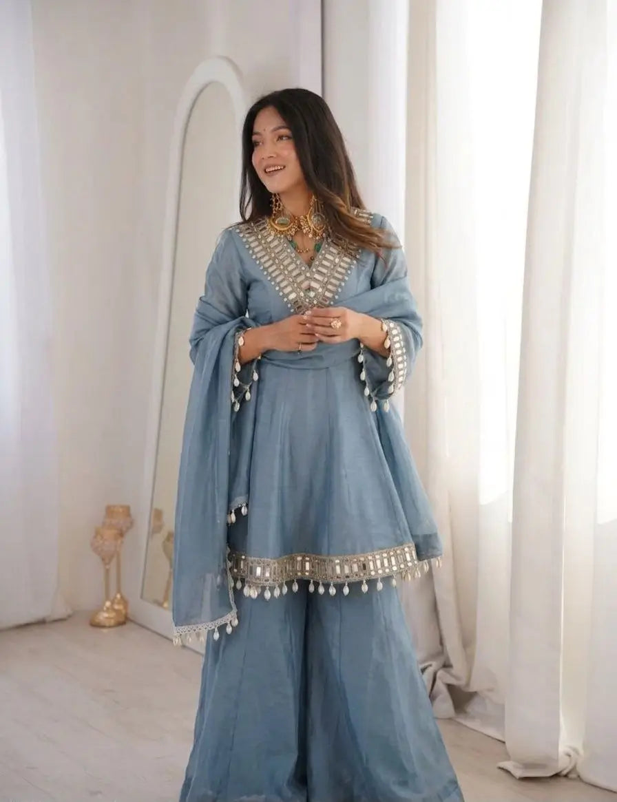 Elegant Mirror Work Organza Silk Sharara Set for Festive and Wedding Wear