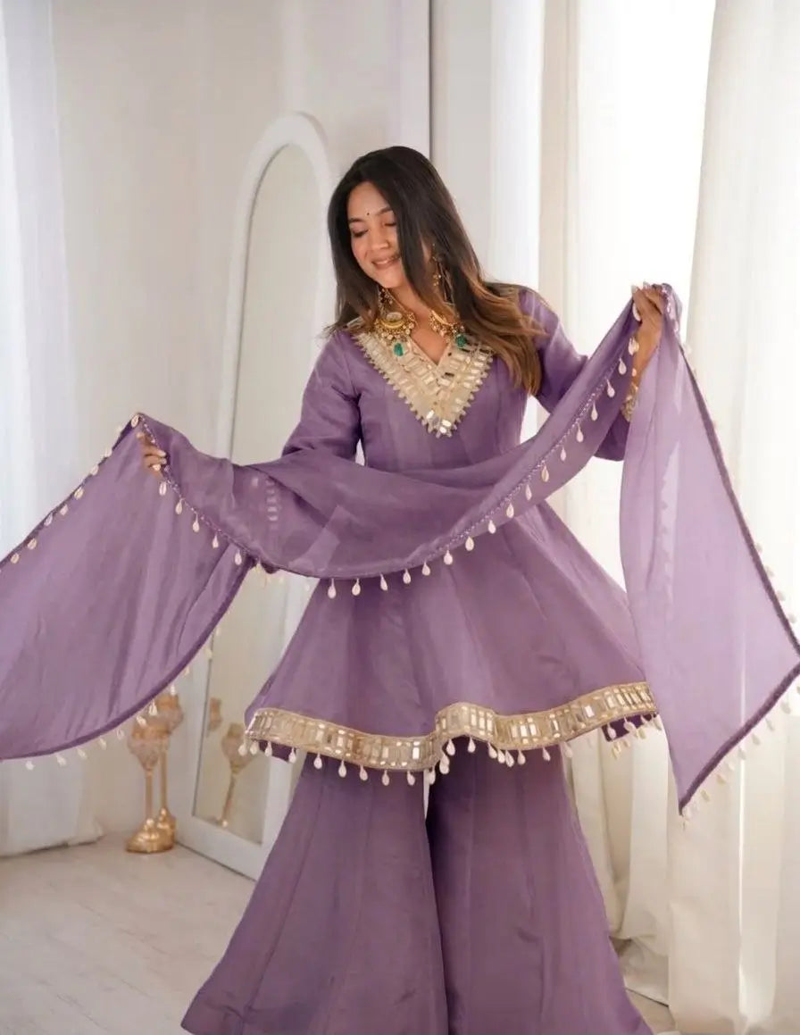 Elegant Mirror Work Organza Silk Sharara Set for Festive and Wedding Wear