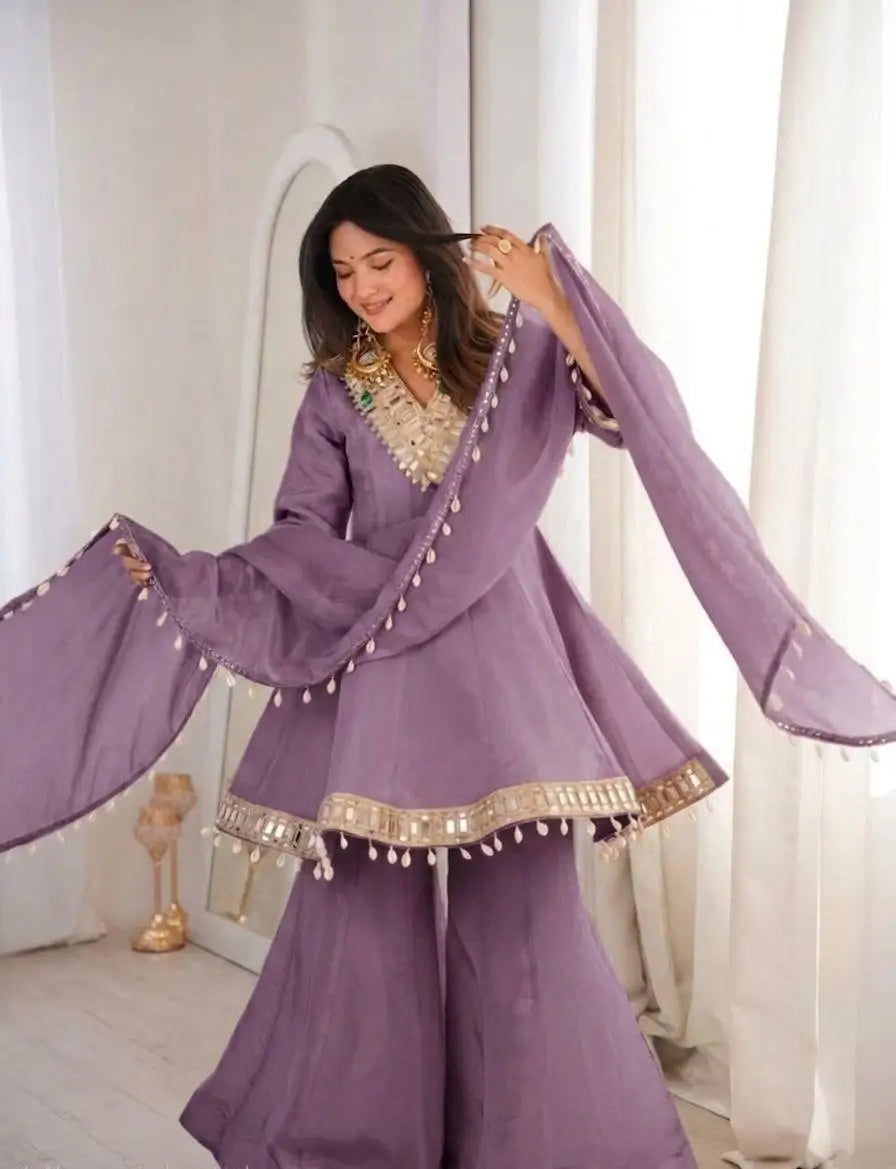 Elegant Mirror Work Organza Silk Sharara Set for Festive and Wedding Wear