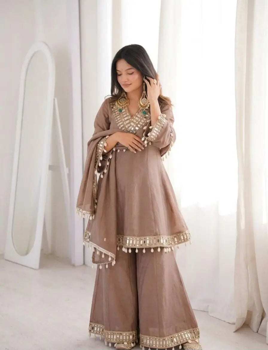 Elegant Mirror Work Organza Silk Sharara Set for Festive and Wedding Wear