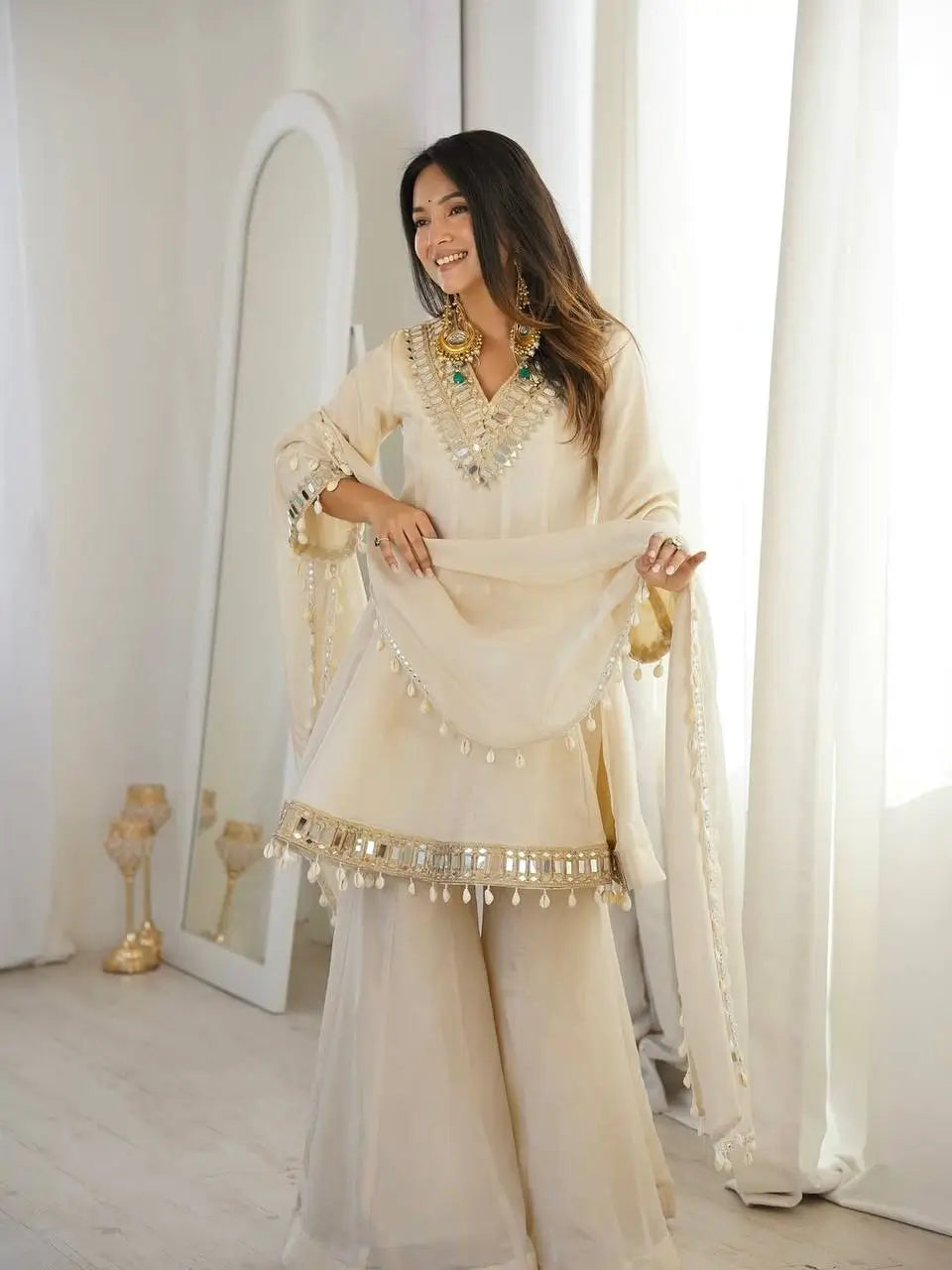 Elegant Mirror Work Organza Silk Sharara Set for Festive and Wedding Wear