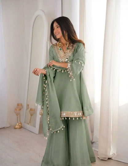 Elegant Mirror Work Organza Silk Sharara Set for Festive and Wedding Wear