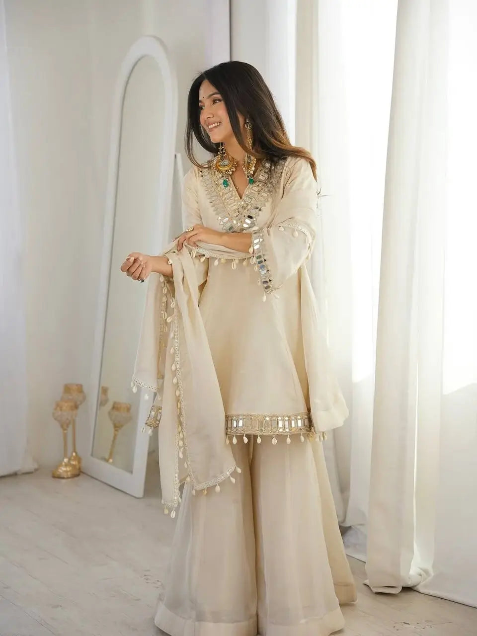 Elegant Mirror Work Organza Silk Sharara Set for Festive and Wedding Wear