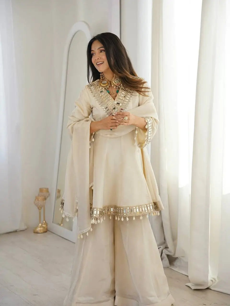 Elegant Mirror Work Organza Silk Sharara Set for Festive and Wedding Wear