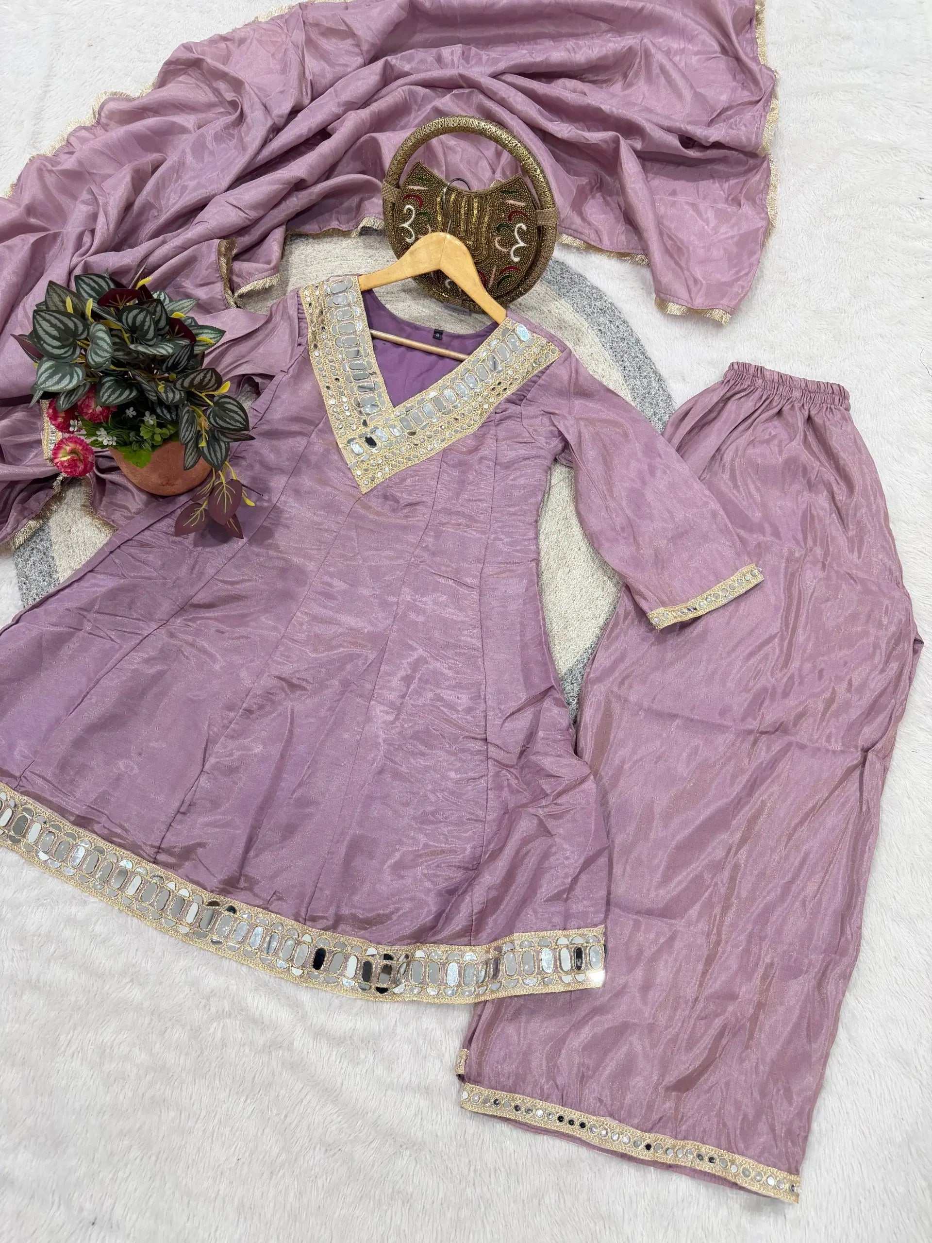 Elegant Mirror Work Silk Kurta Palazzo Set with Dupatta for Festive Wear