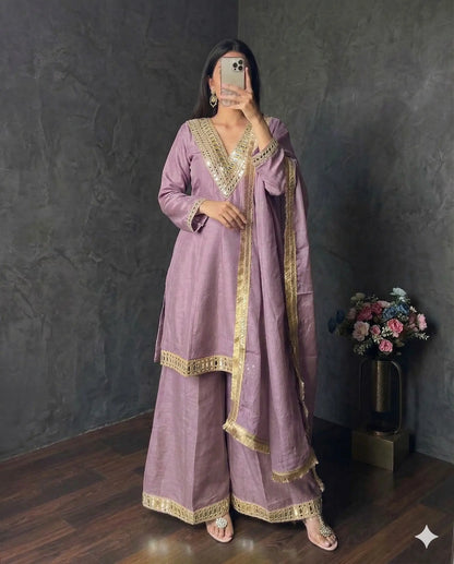 Elegant Mirror Work Silk Kurta Palazzo Set with Dupatta for Festive Wear