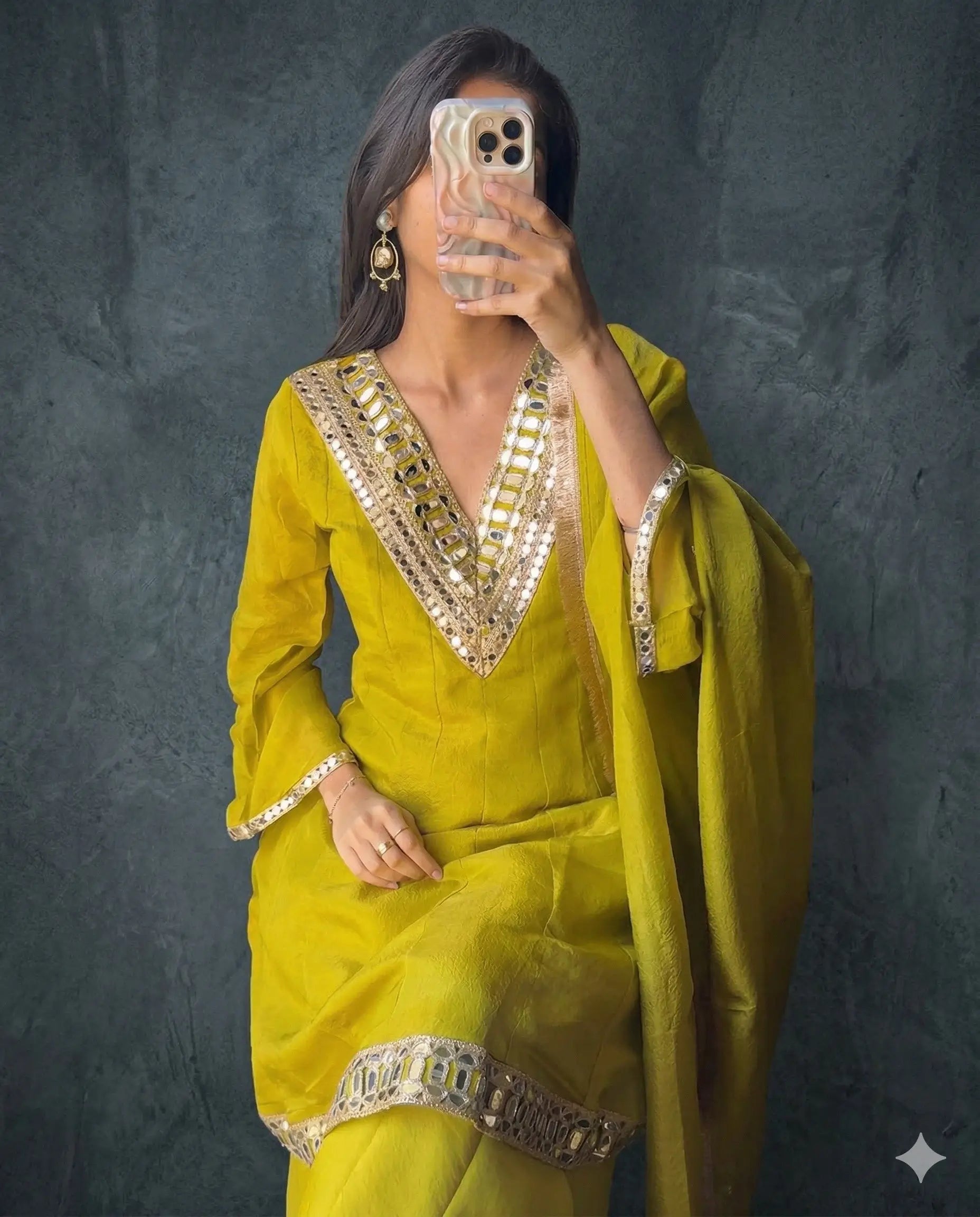 Elegant Mirror Work Silk Kurta Palazzo Set with Dupatta for Festive Wear