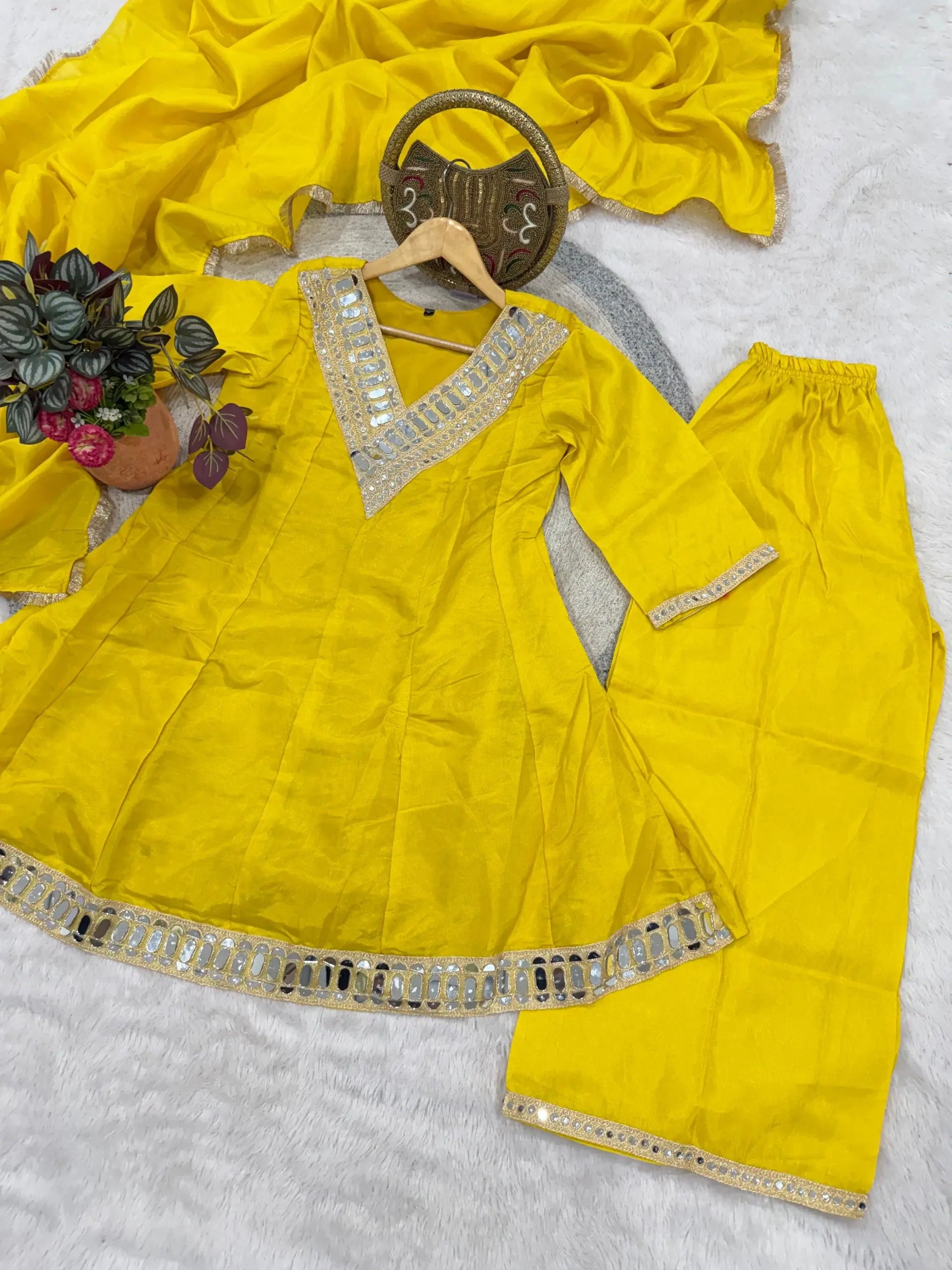 Elegant Mirror Work Silk Kurta Palazzo Set with Dupatta for Festive Wear