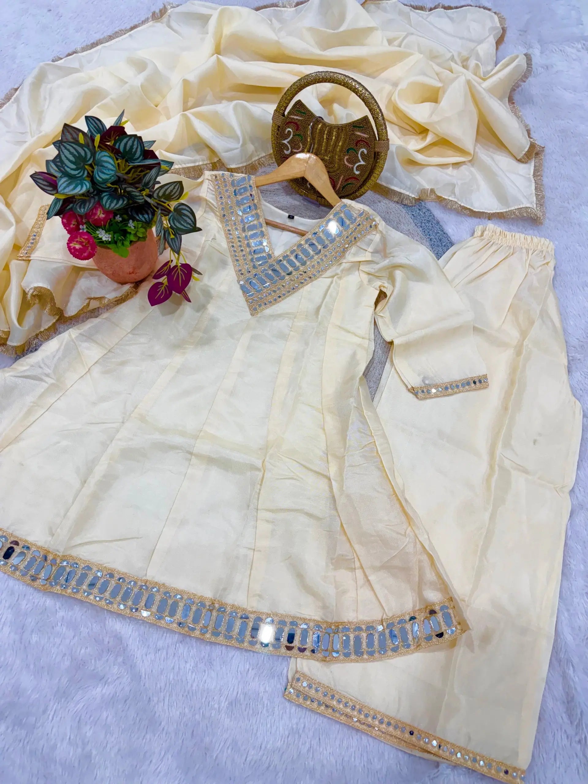 Elegant Mirror Work Silk Kurta Palazzo Set with Dupatta for Festive Wear