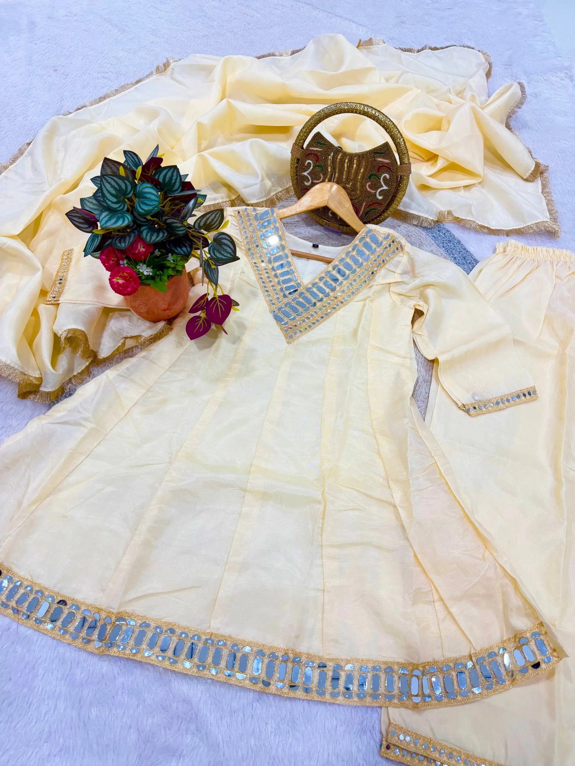 Elegant Mirror Work Silk Kurta Palazzo Set with Dupatta for Festive Wear