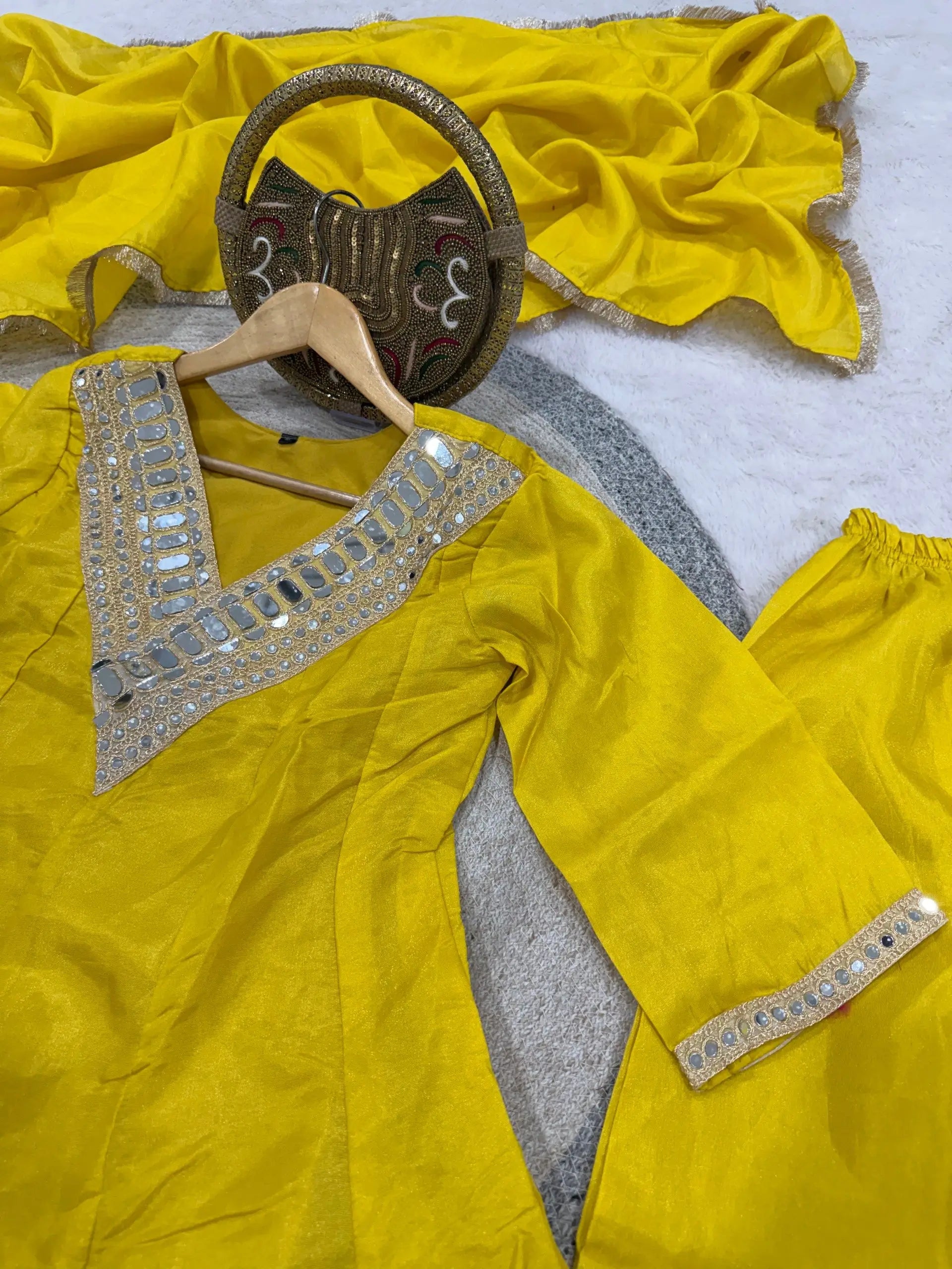 Elegant Mirror Work Silk Kurta Palazzo Set with Dupatta for Festive Wear