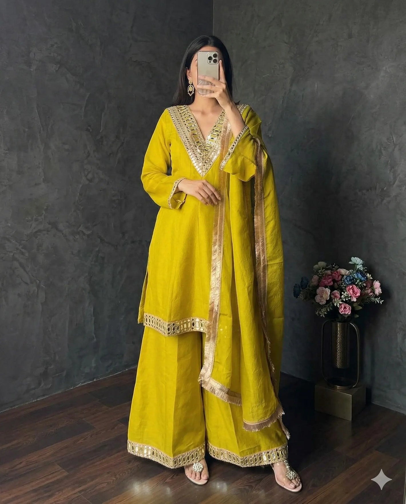 Elegant Mirror Work Silk Kurta Palazzo Set with Dupatta for Festive Wear
