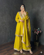 Elegant Mirror Work Silk Kurta Palazzo Set with Dupatta for Festive Wear