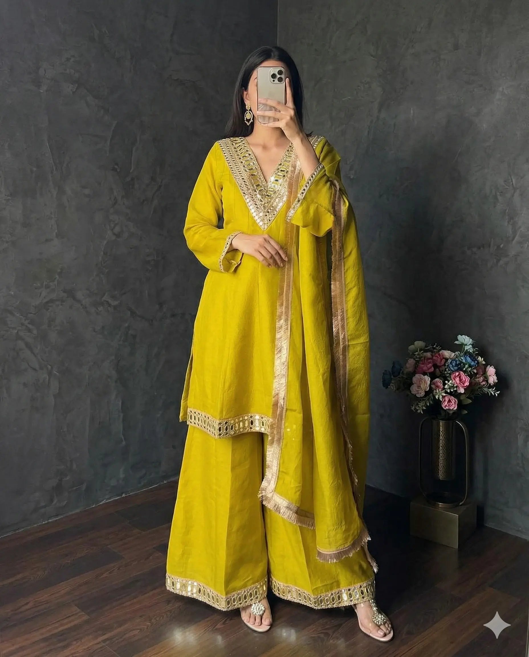 Elegant Mirror Work Silk Kurta Palazzo Set with Dupatta for Festive Wear