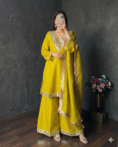 Elegant Mirror Work Silk Kurta Palazzo Set with Dupatta for Festive Wear