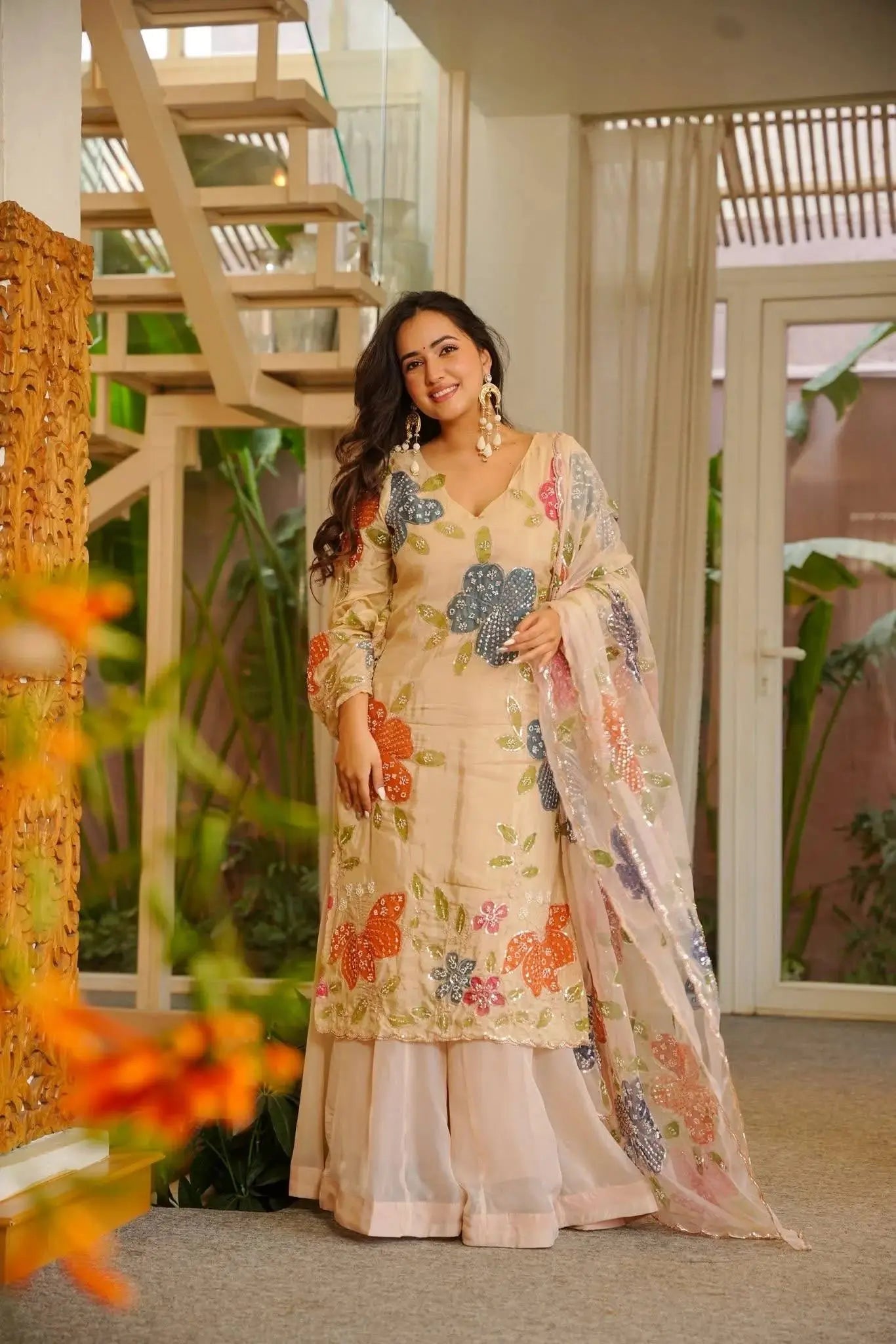 Elegant Organza Embroidered Palazzo Suit with Dupatta for Festive and Party Wear
