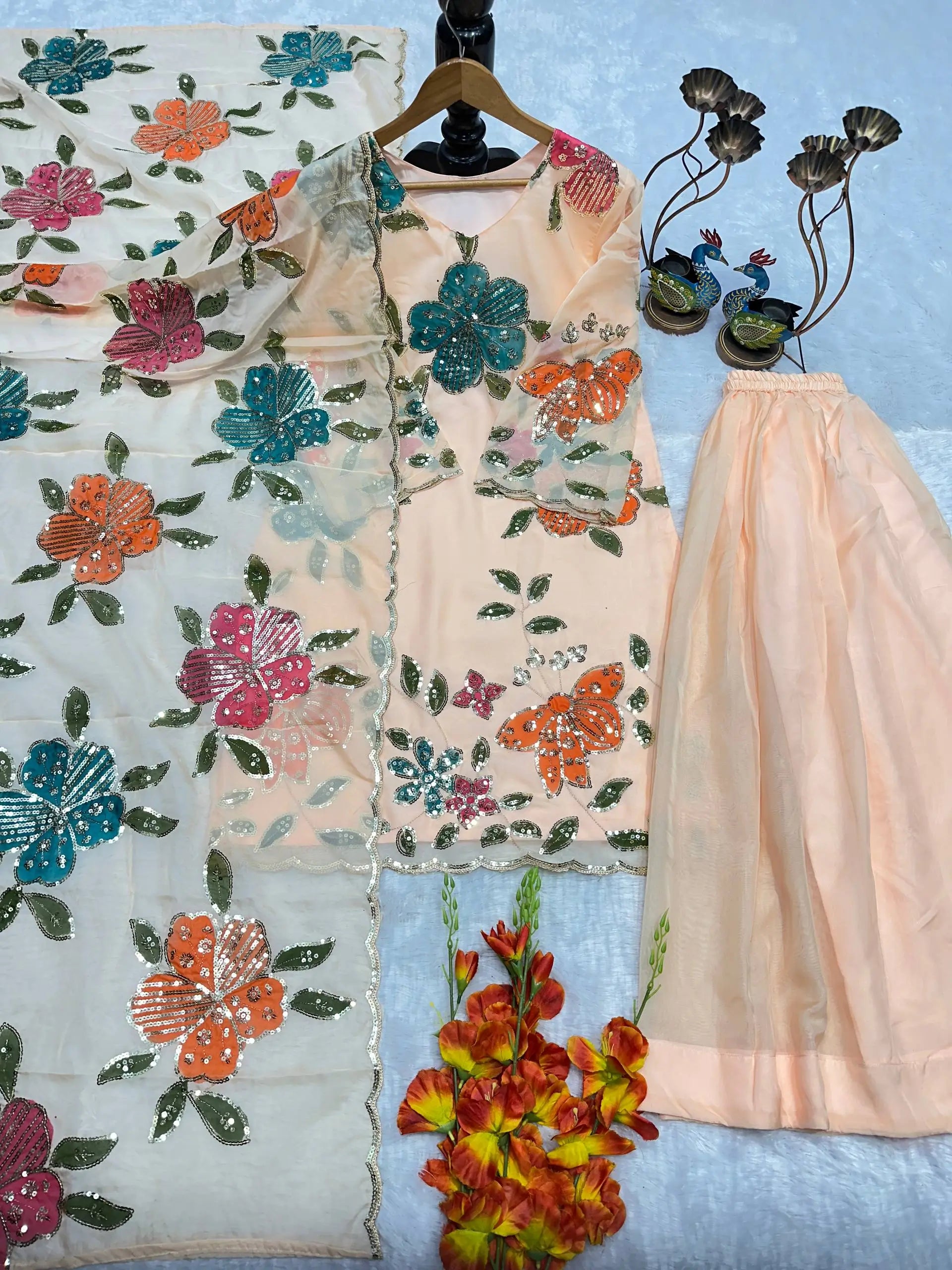 Elegant Organza Embroidered Palazzo Suit with Dupatta for Festive and Party Wear
