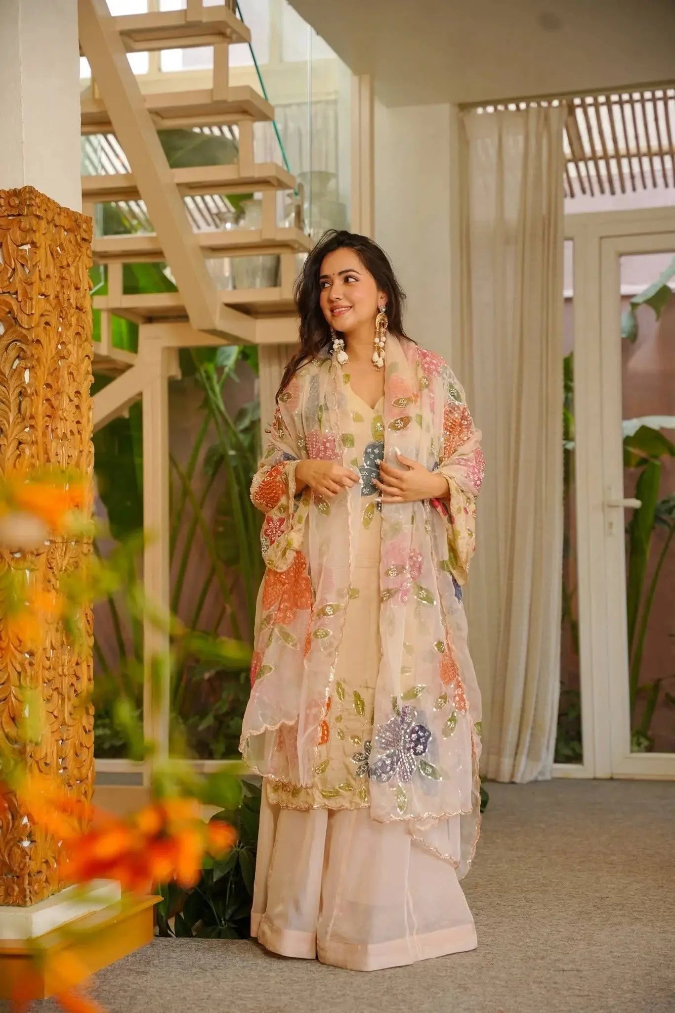 Elegant Organza Embroidered Palazzo Suit with Dupatta for Festive and Party Wear