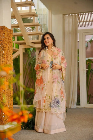 Elegant Organza Embroidered Palazzo Suit with Dupatta for Festive and Party Wear