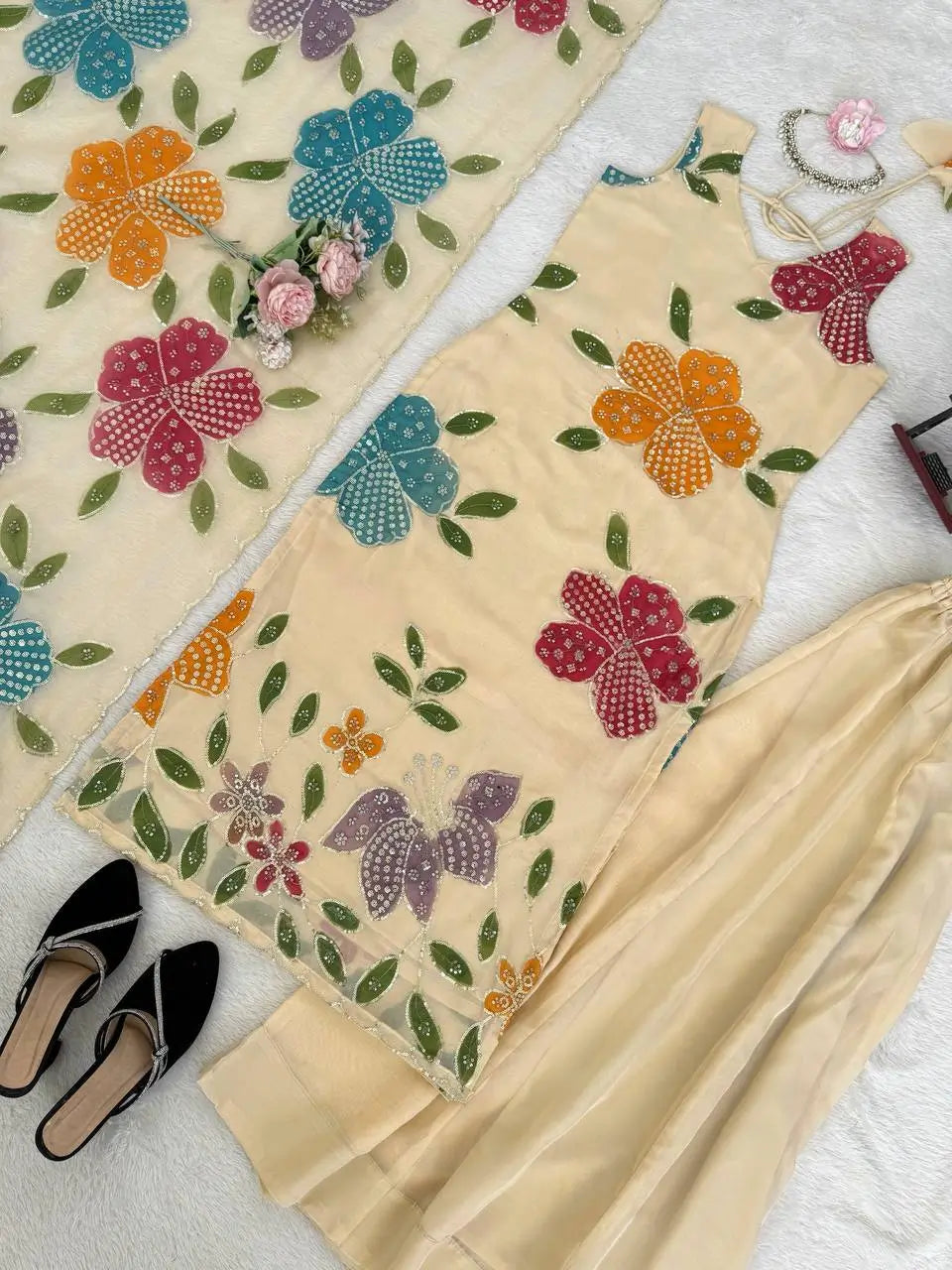 Elegant Organza Embroidered Palazzo Suit with Dupatta for Festive and Party Wear
