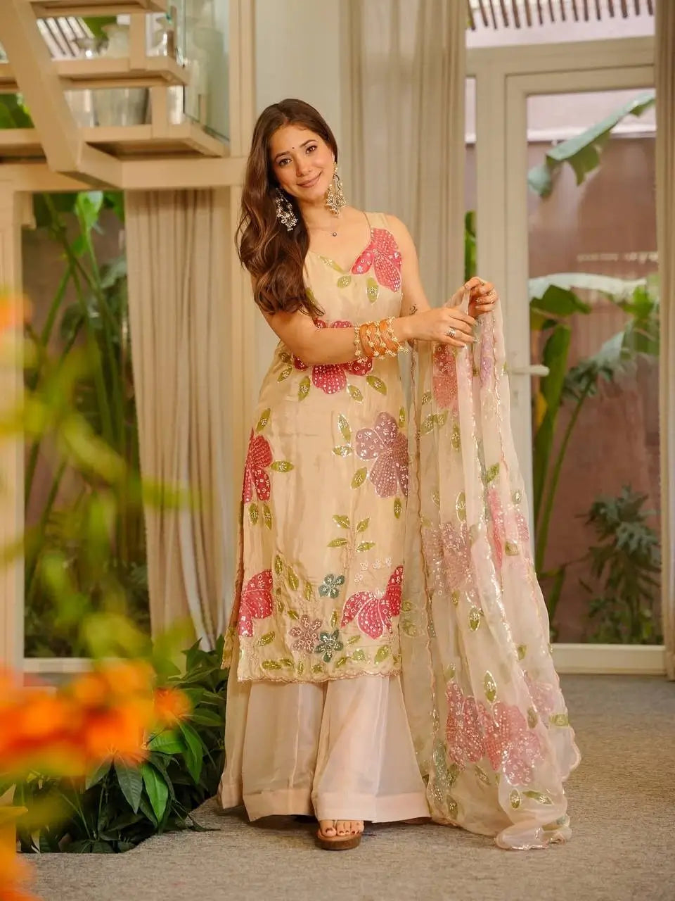 Elegant Organza Embroidered Palazzo Suit with Dupatta for Festive and Party Wear