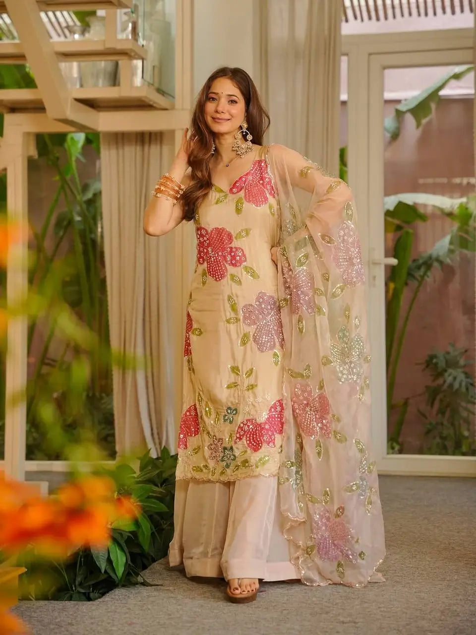 Elegant Organza Embroidered Palazzo Suit with Dupatta for Festive and Party Wear
