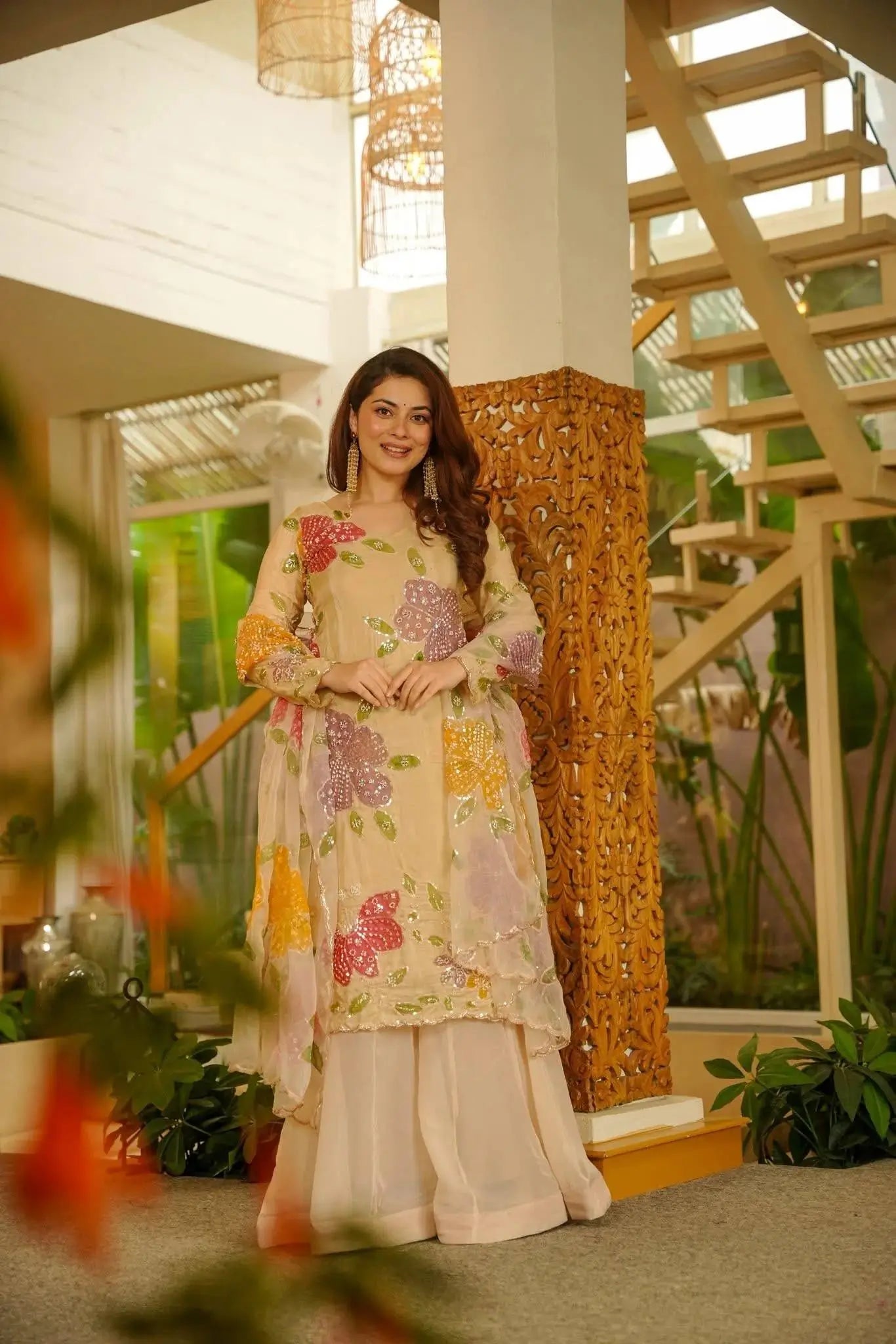 Elegant Organza Embroidered Palazzo Suit with Dupatta for Festive and Party Wear