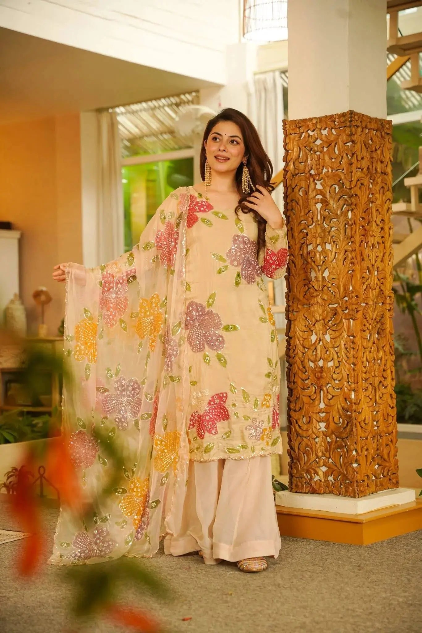 Elegant Organza Embroidered Palazzo Suit with Dupatta for Festive and Party Wear