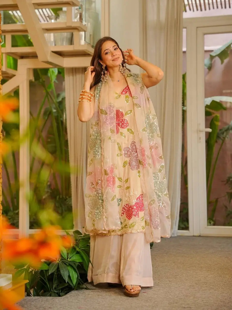 Elegant Organza Embroidered Palazzo Suit with Dupatta for Festive and Party Wear