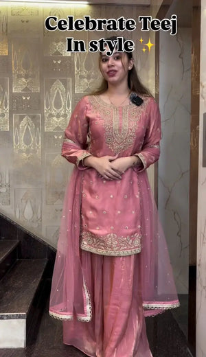 Elegant Pink Fandy Crash Embroidered Palazzo Suit with Soft Net Dupatta