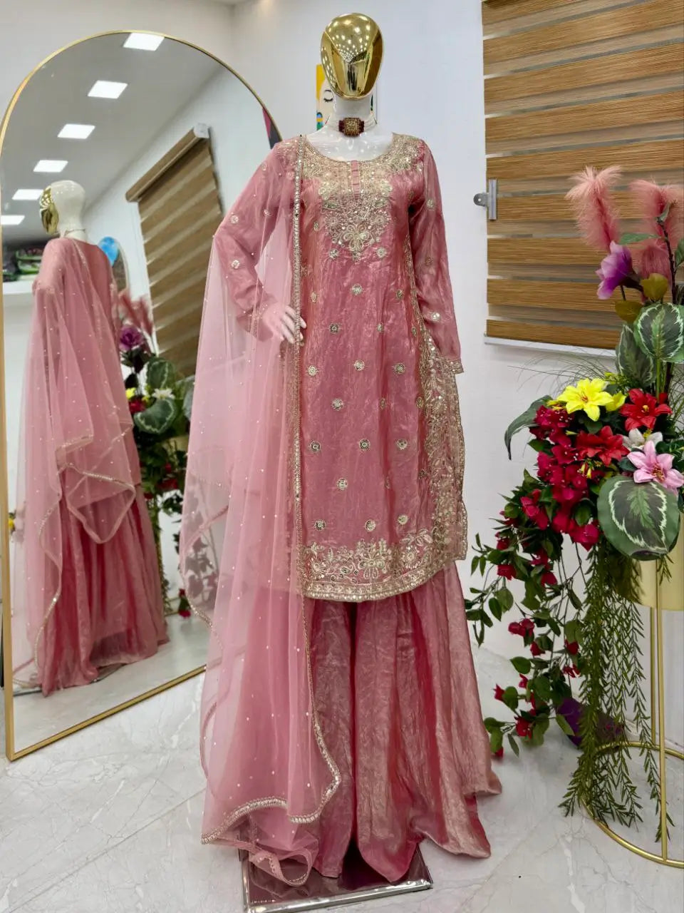 Elegant Pink Fandy Crash Embroidered Palazzo Suit with Soft Net Dupatta