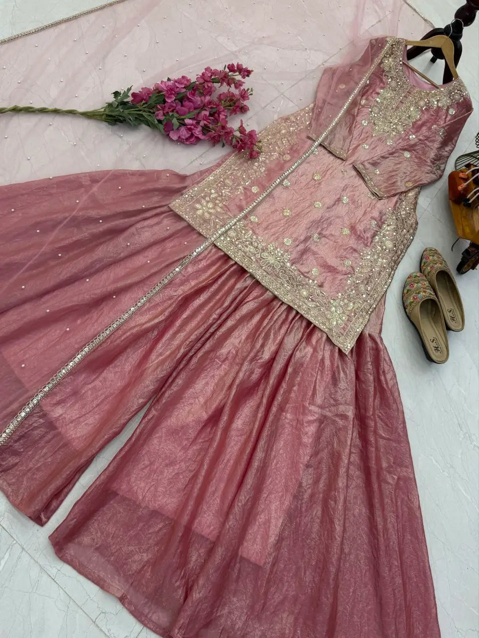 Elegant Pink Fandy Crash Embroidered Palazzo Suit with Soft Net Dupatta