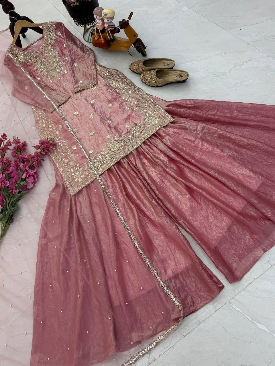 Elegant Pink Fandy Crash Embroidered Palazzo Suit with Soft Net Dupatta