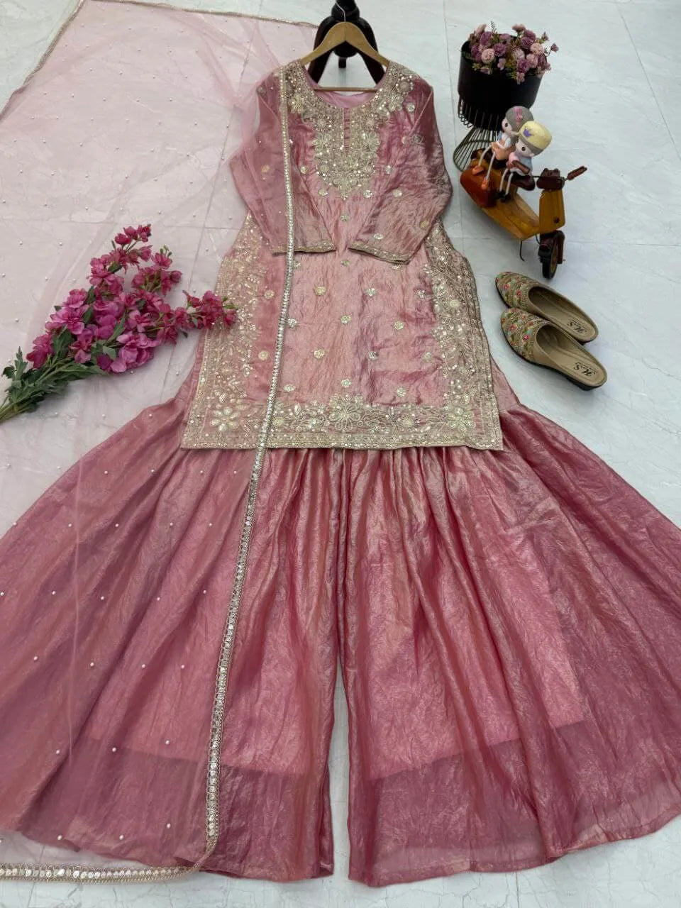Elegant Pink Fandy Crash Embroidered Palazzo Suit with Soft Net Dupatta