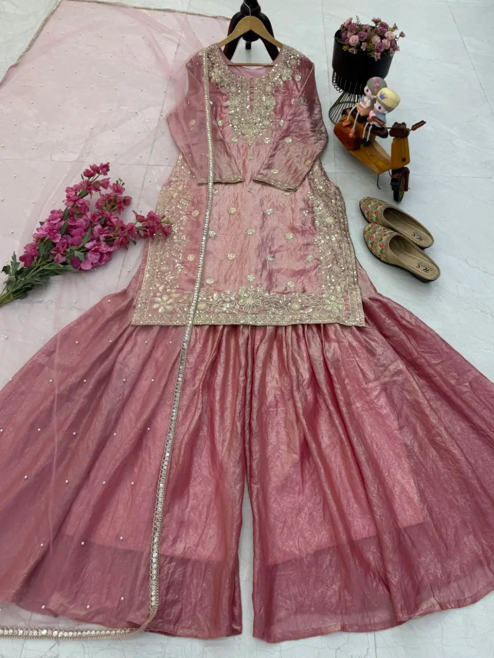 Elegant Pink Fandy Crash Embroidered Palazzo Suit with Soft Net Dupatta