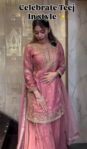 Elegant Pink Fandy Crash Embroidered Palazzo Suit with Soft Net Dupatta