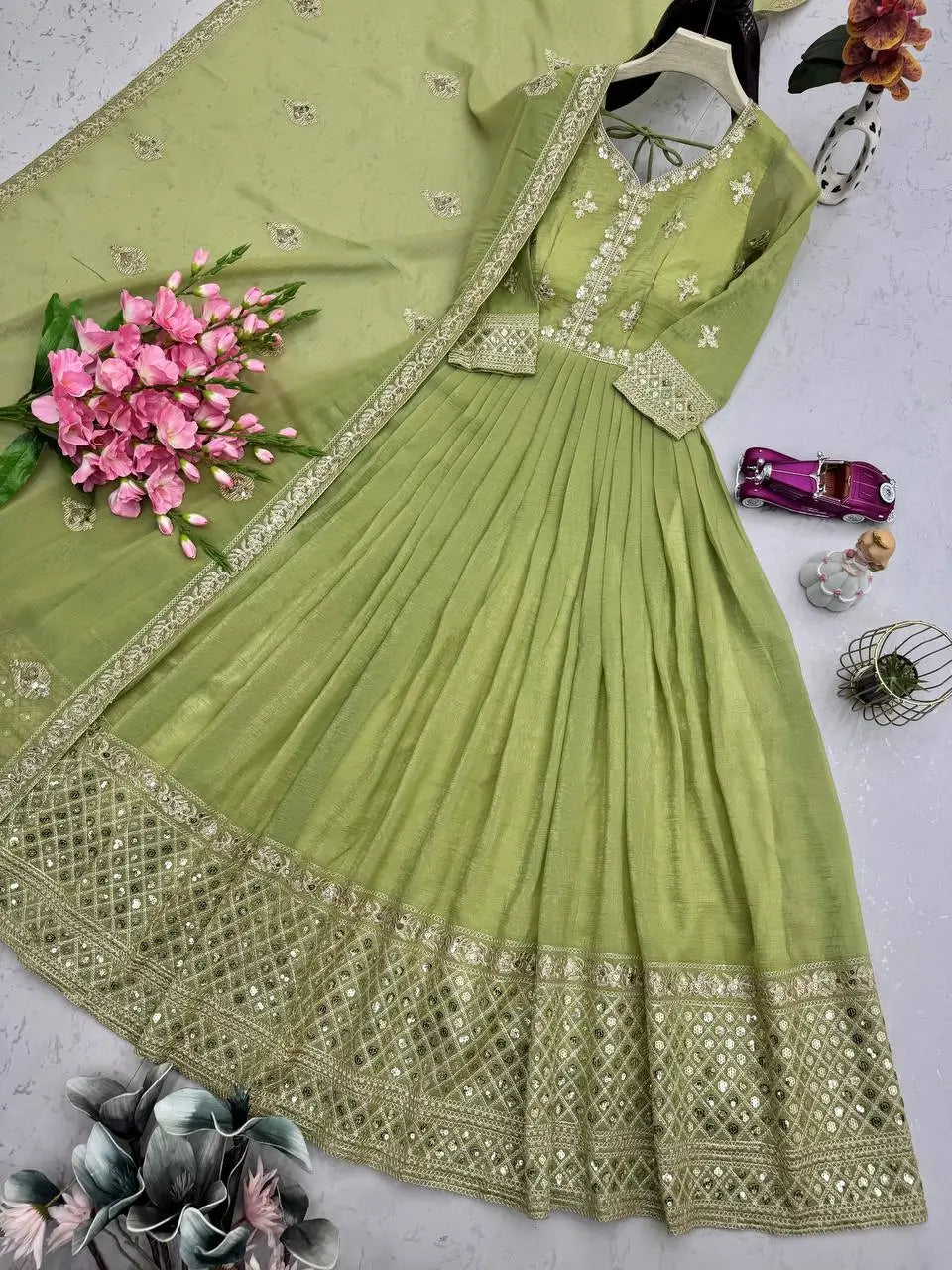 Elegant Pink Heavy Shimmer Silk Gown with Dupatta – Embroidery Sequins Work, 3.5 Meter Flair, Fully Stitched