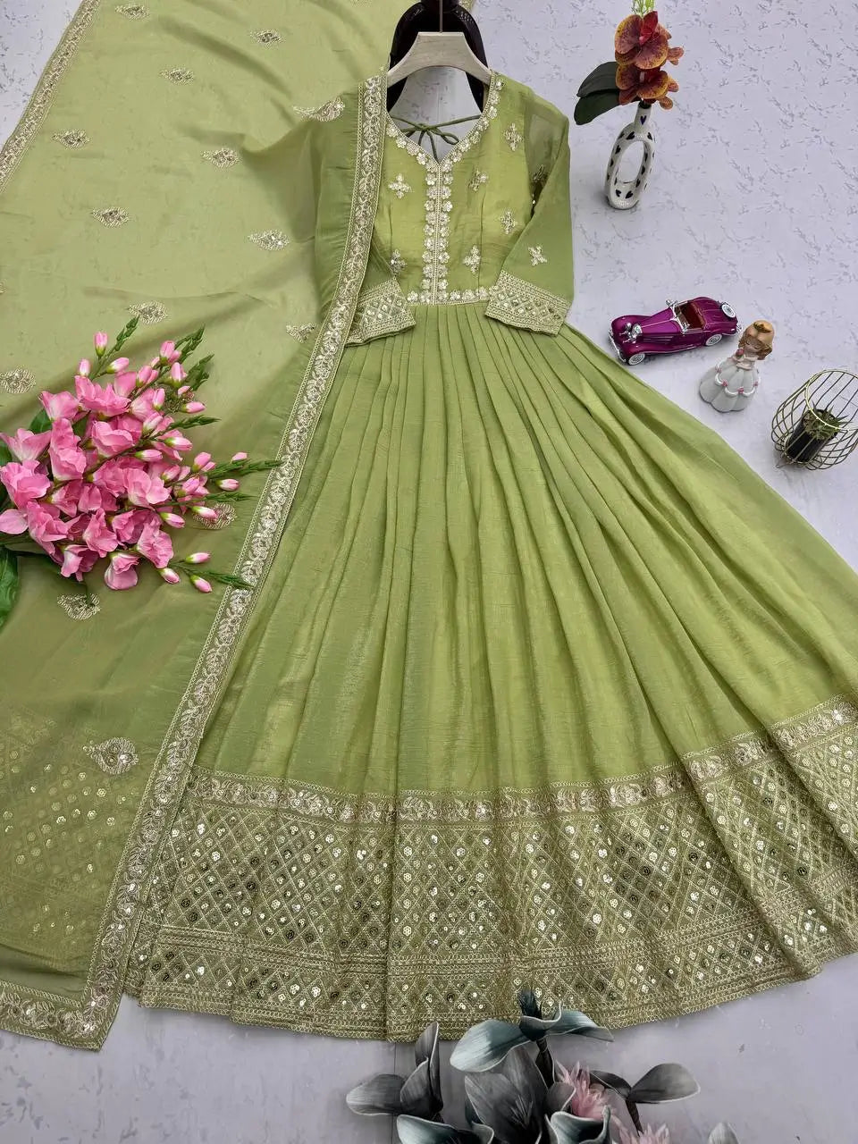 Elegant Pink Heavy Shimmer Silk Gown with Dupatta – Embroidery Sequins Work, 3.5 Meter Flair, Fully Stitched