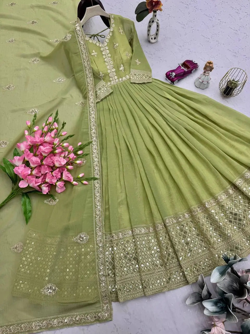 Elegant Pink Heavy Shimmer Silk Gown with Dupatta – Embroidery Sequins Work, 3.5 Meter Flair, Fully Stitched