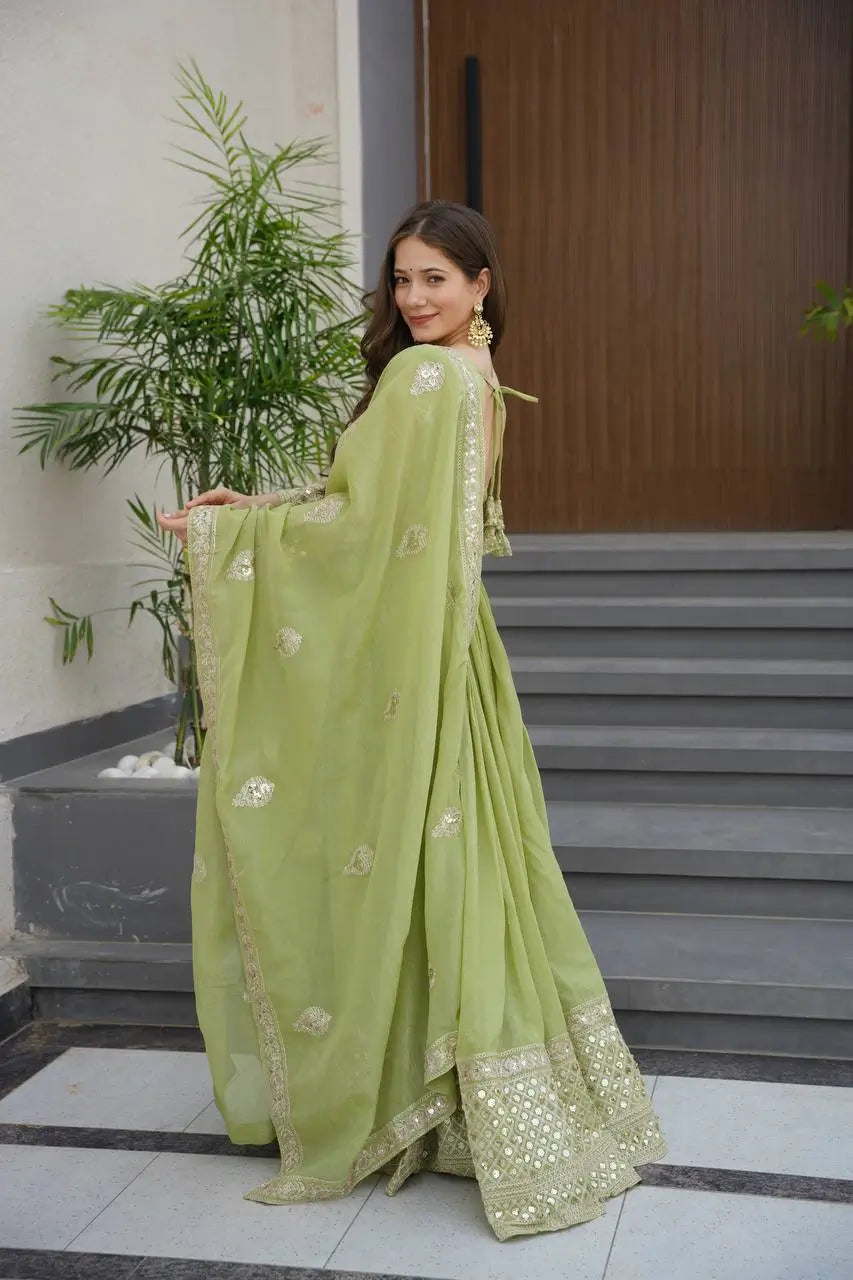 Elegant Pink Heavy Shimmer Silk Gown with Dupatta – Embroidery Sequins Work, 3.5 Meter Flair, Fully Stitched