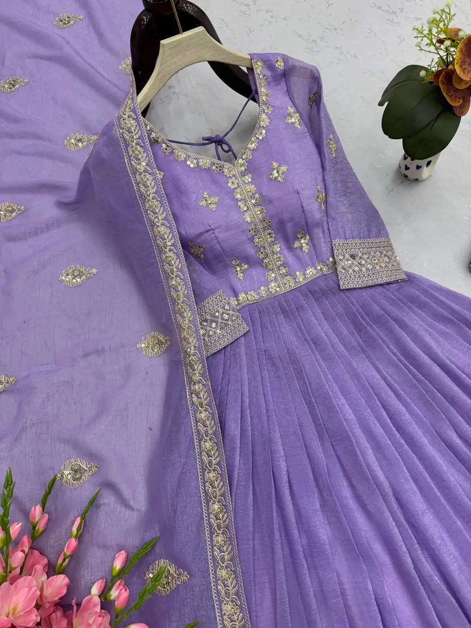 Elegant Pink Heavy Shimmer Silk Gown with Dupatta – Embroidery Sequins Work, 3.5 Meter Flair, Fully Stitched