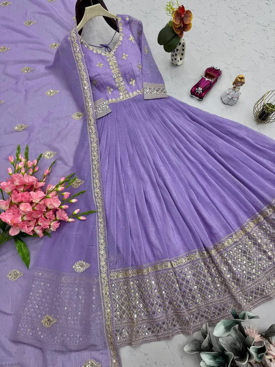 Elegant Pink Heavy Shimmer Silk Gown with Dupatta – Embroidery Sequins Work, 3.5 Meter Flair, Fully Stitched